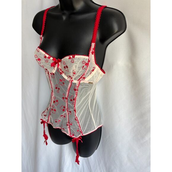 Adore Me Red Corset Lingerie Top Bustier 36B Romantic Mesh Lace Hearts Date - Picture 4 of 11